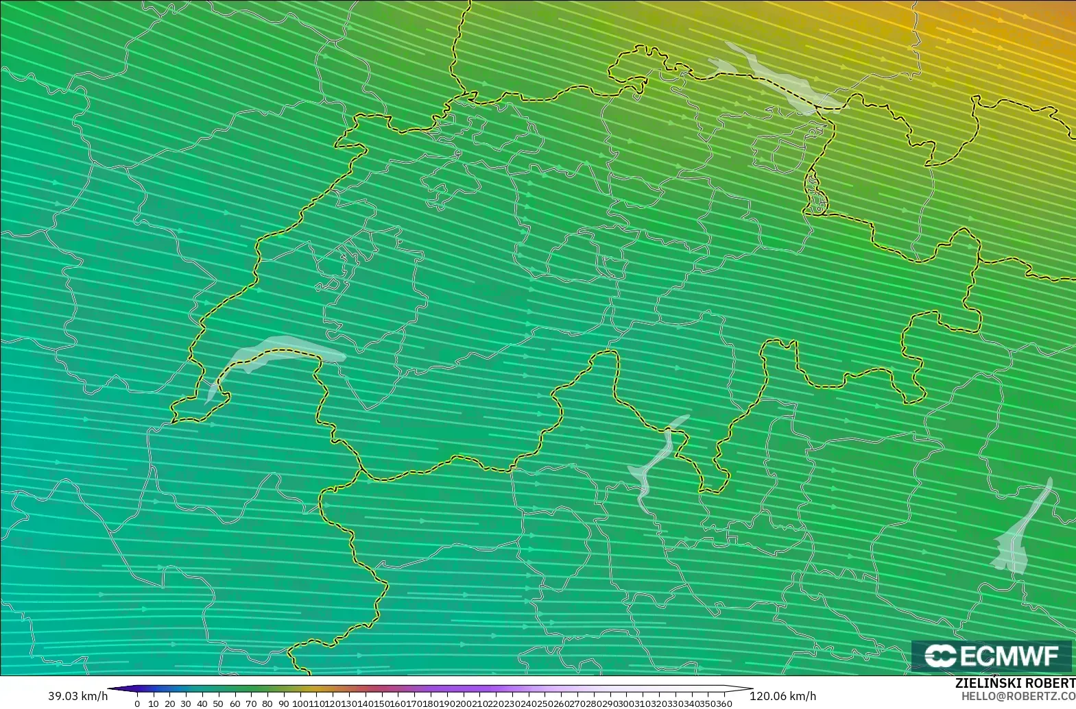 ECMWF IFS 0.25° model - İsviçre, 300 hPa Rüzgârı (jet)