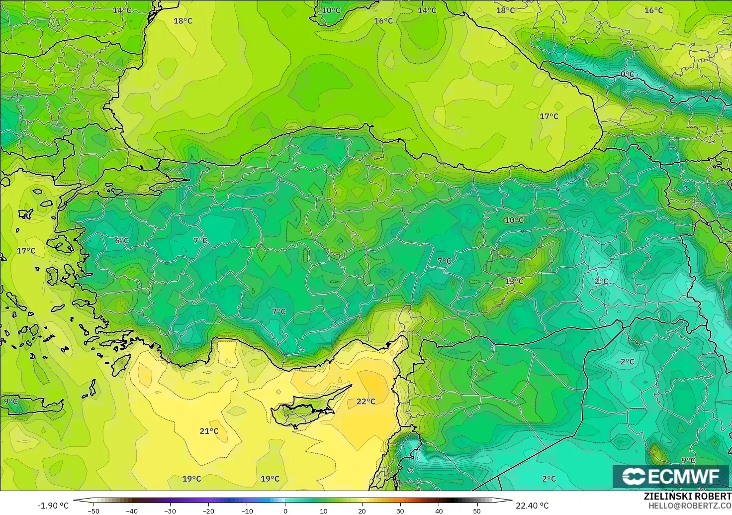 ECMWF IFS 0.25° model - Türkiye, 2 m Çiy Noktası