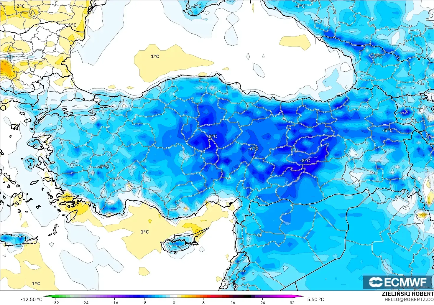 ECMWF IFS 0.25° model - Türkiye, 2 m Sıcaklık Anomalisi