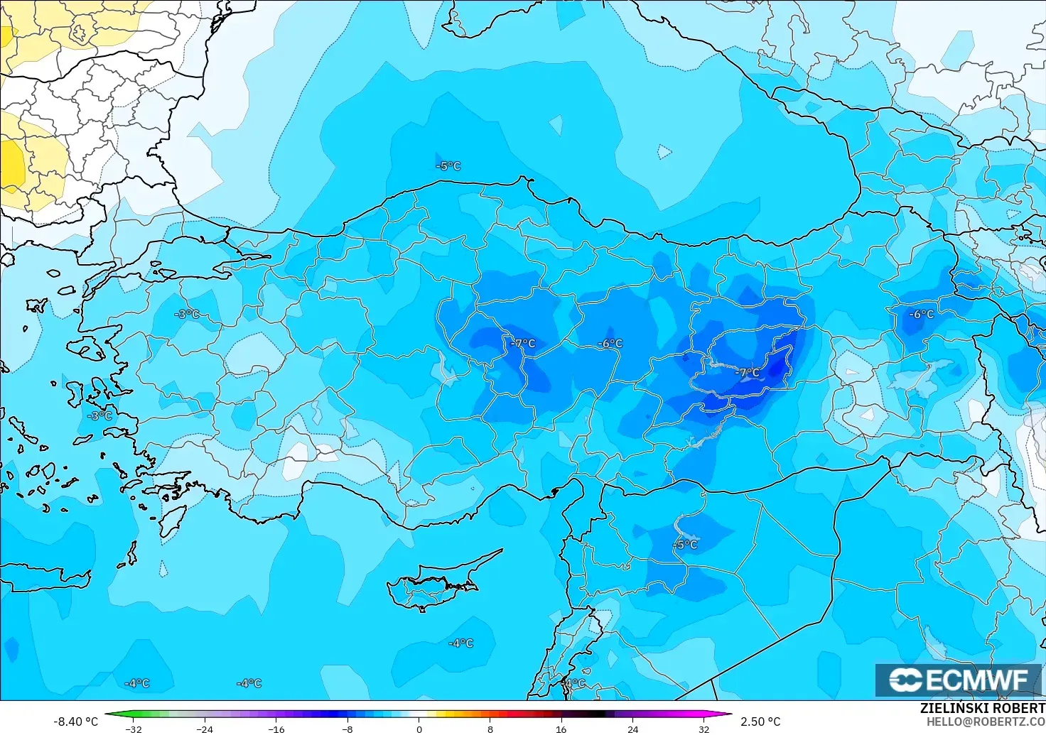 ECMWF IFS 0.25° model - Türkiye, 850 hPa Sıcaklık Anomalisi