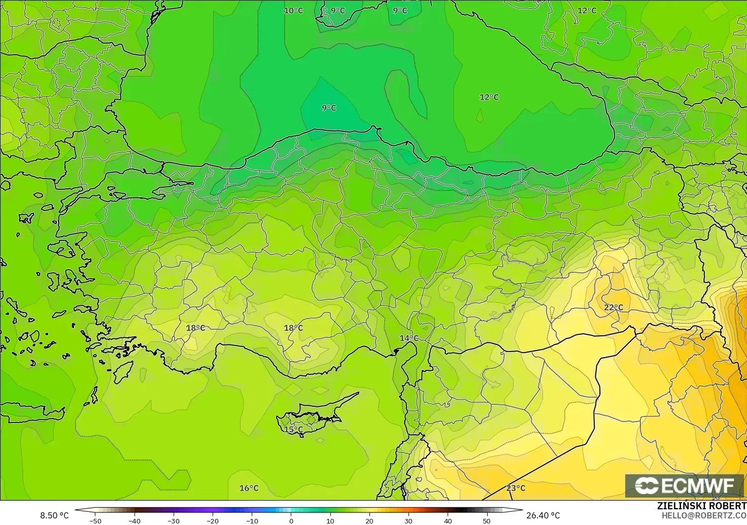 ECMWF IFS 0.25° model - Türkiye, 850 hPa Sıcaklık