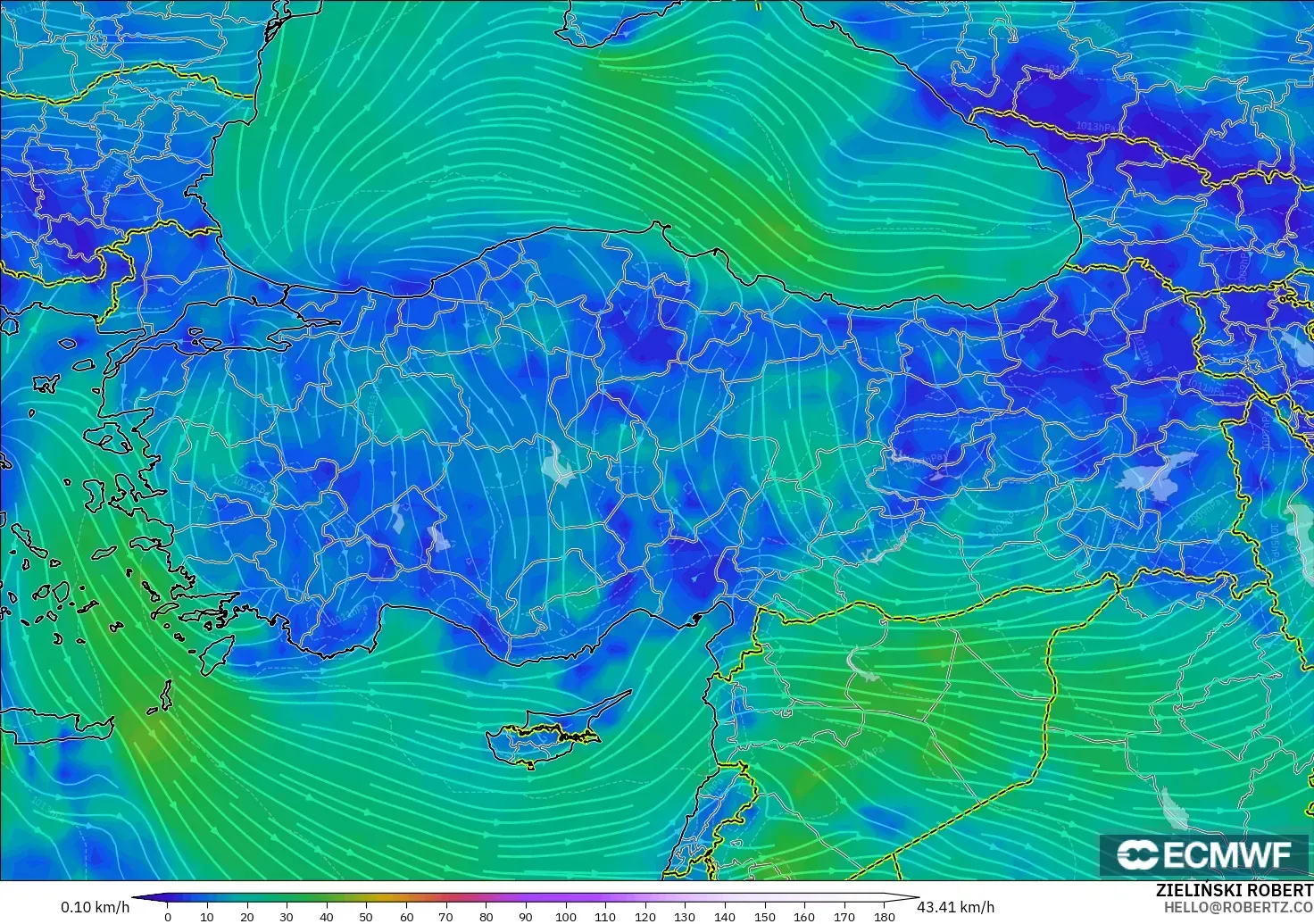 ECMWF IFS 0.25° model - Türkiye, 10 m Rüzgâr