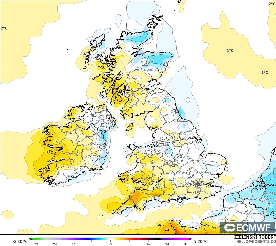 ECMWF IFS 0.25° model - Birleşik Krallık, 2 m Sıcaklık Anomalisi