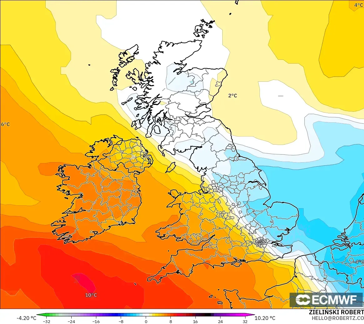 ECMWF IFS 0.25° model - Birleşik Krallık, 850 hPa Sıcaklık Anomalisi