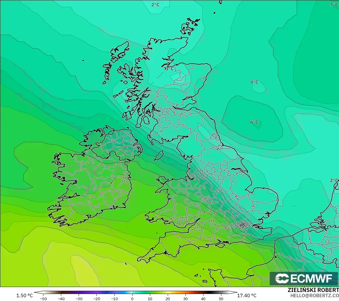 ECMWF IFS 0.25° model - Birleşik Krallık, 850 hPa Sıcaklık