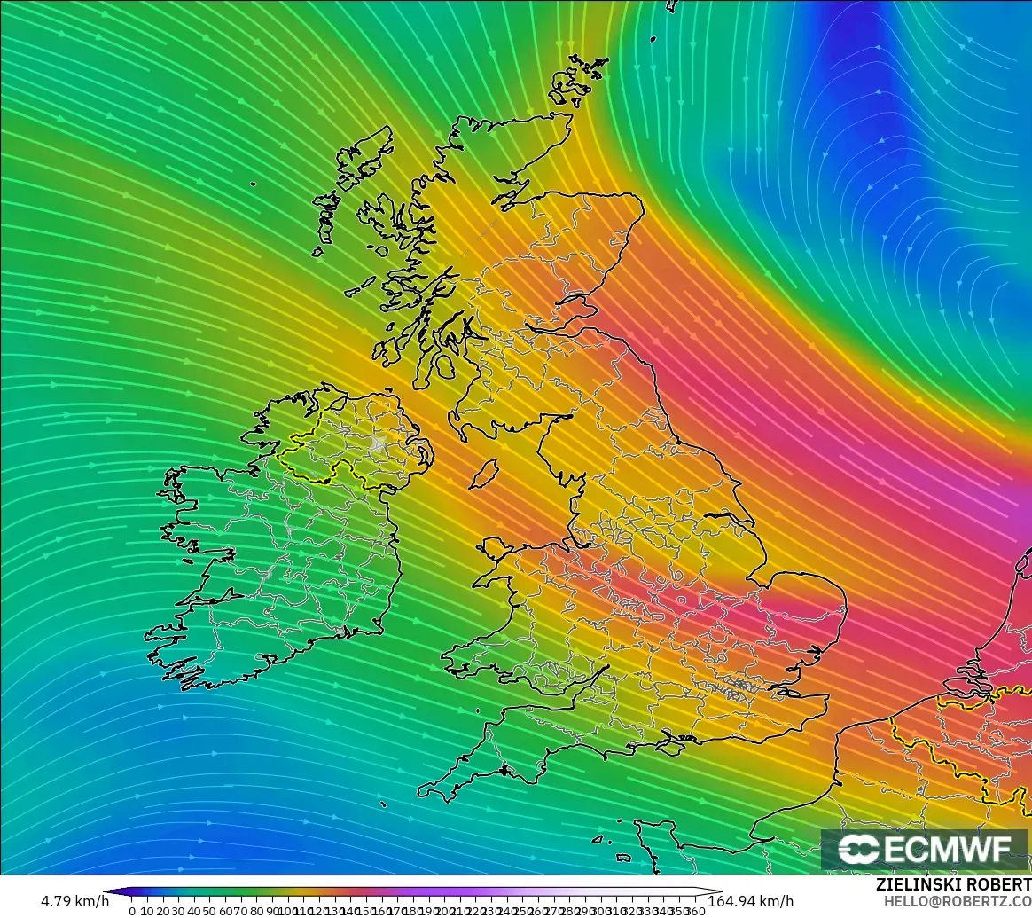 ECMWF IFS 0.25° model - Birleşik Krallık, 300 hPa Rüzgârı (jet)