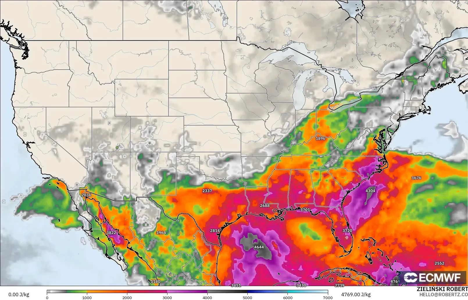 ECMWF IFS 0.25° model - Amerika Birleşik Devletleri, CAPE