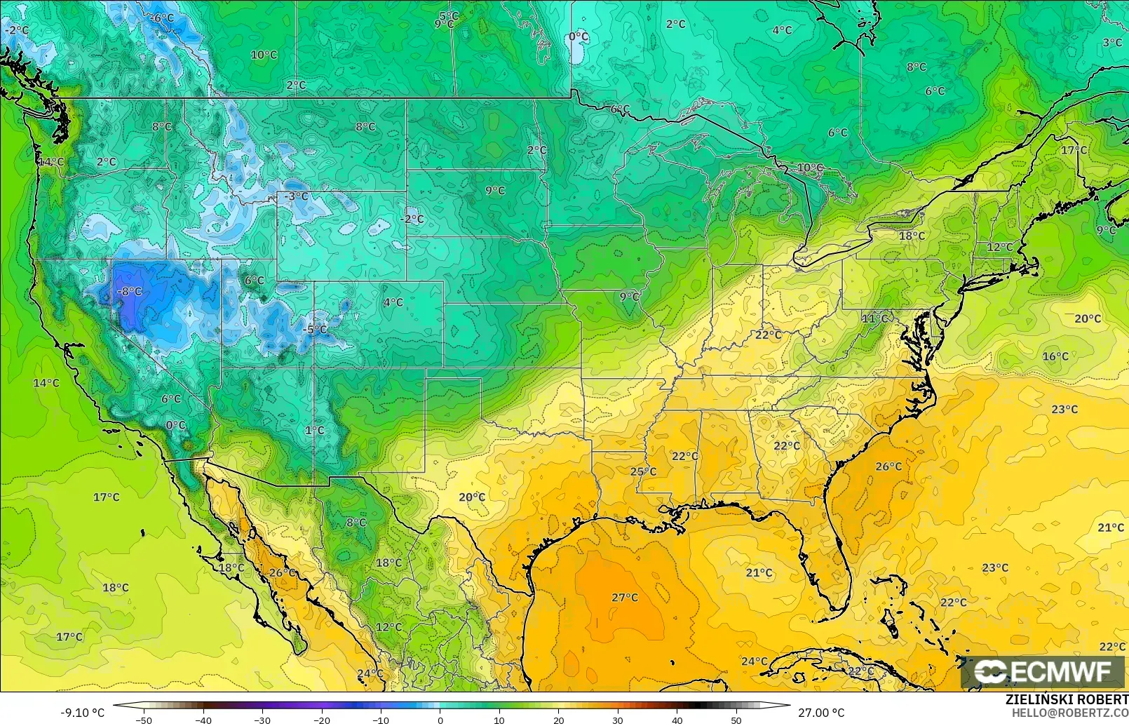 ECMWF IFS 0.25° model - Amerika Birleşik Devletleri, 2 m Çiy Noktası