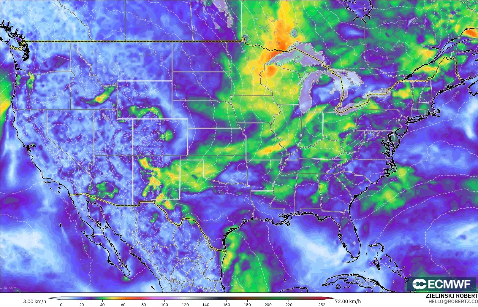 ECMWF IFS 0.25° model - Amerika Birleşik Devletleri, Rüzgâr Esintileri