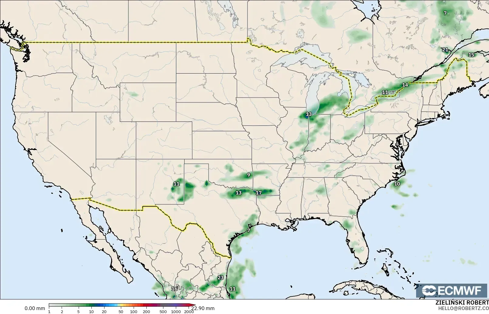 ECMWF IFS 0.25° model - Amerika Birleşik Devletleri, Yağış Birikimi