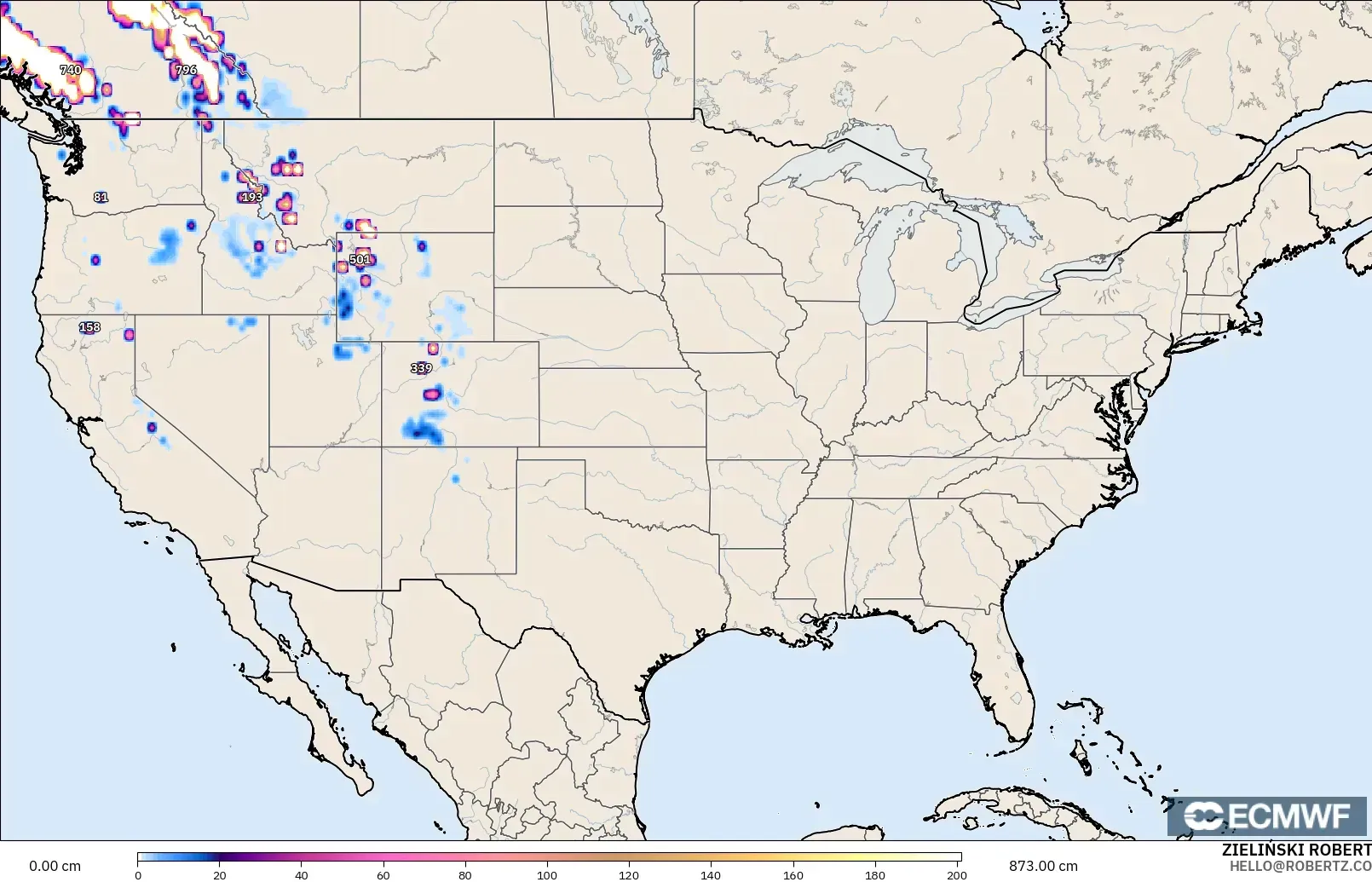 ECMWF IFS 0.25° model - Amerika Birleşik Devletleri, Kar Kalınlığı
