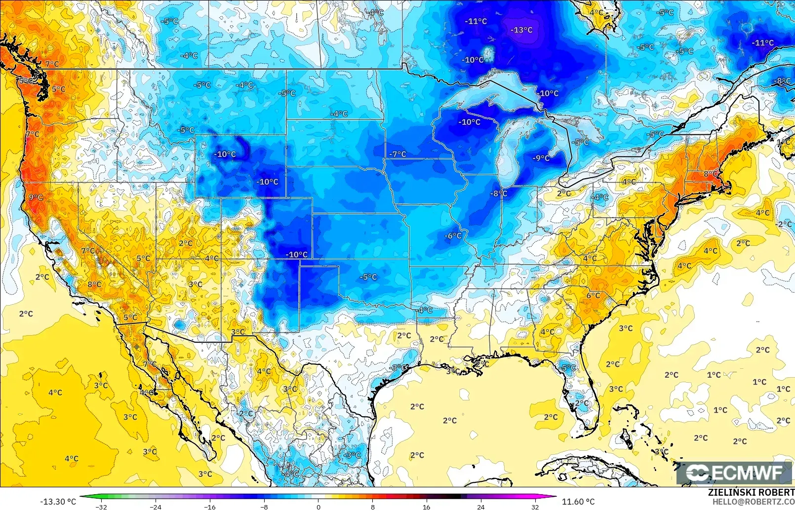 ECMWF IFS 0.25° model - Amerika Birleşik Devletleri, 2 m Sıcaklık Anomalisi