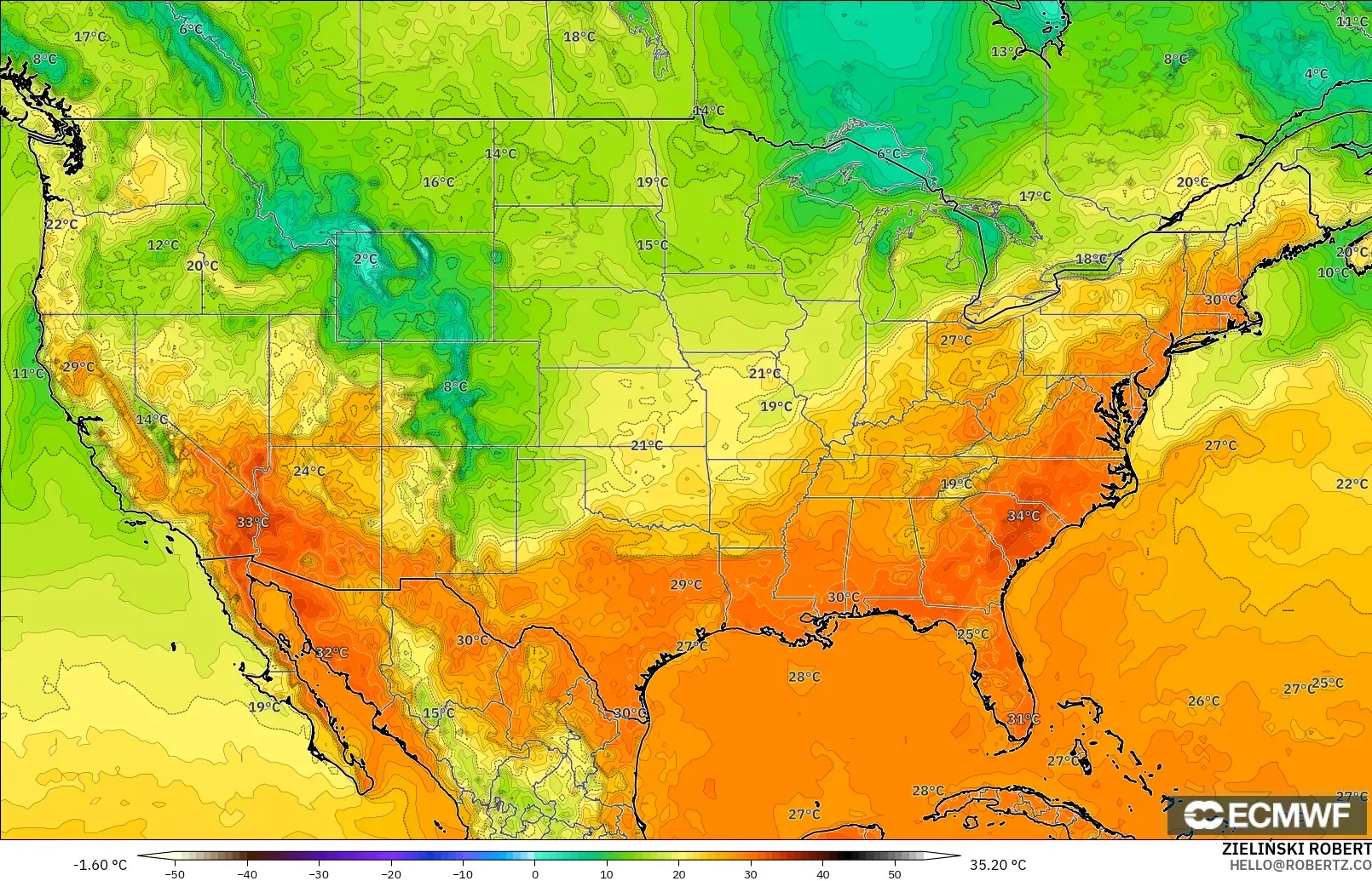 ECMWF IFS 0.25° model - Amerika Birleşik Devletleri, 2 m Sıcaklık