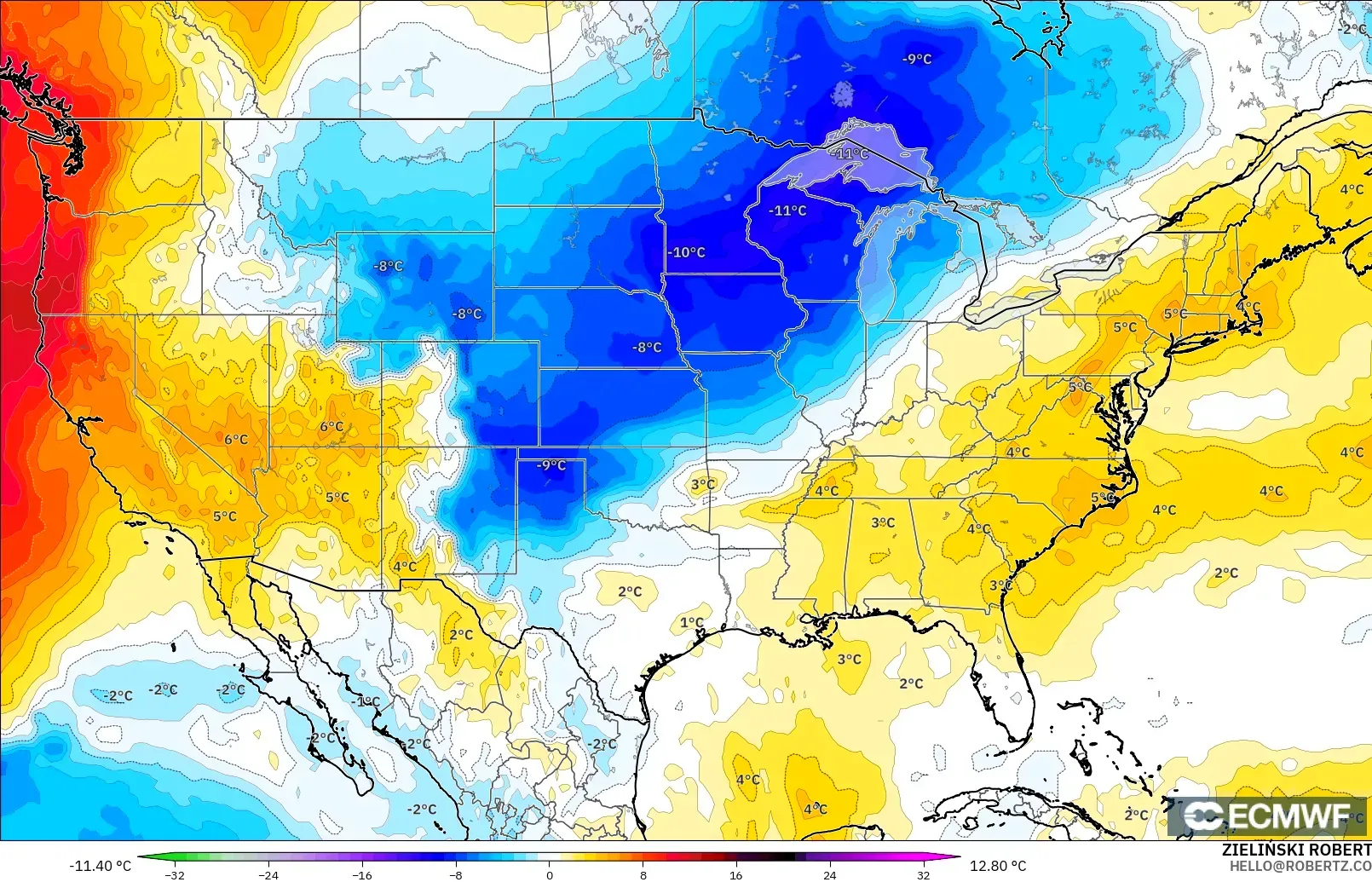 ECMWF IFS 0.25° model - Amerika Birleşik Devletleri, 850 hPa Sıcaklık Anomalisi