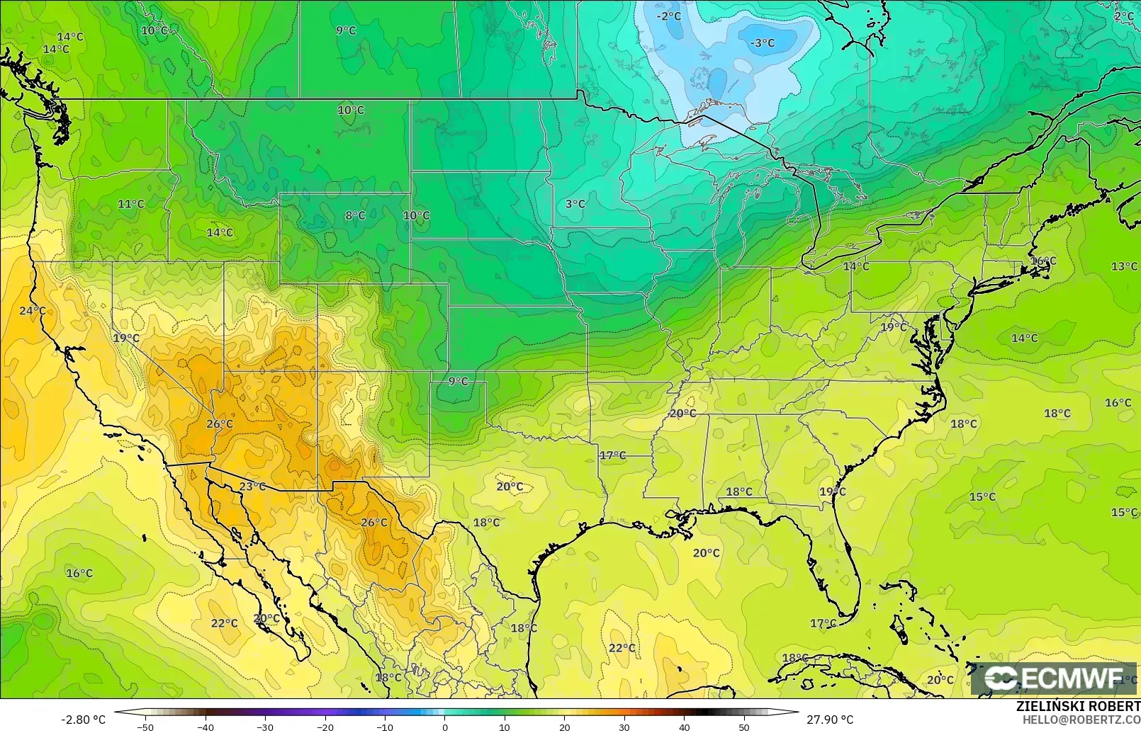 ECMWF IFS 0.25° model - Amerika Birleşik Devletleri, 850 hPa Sıcaklık