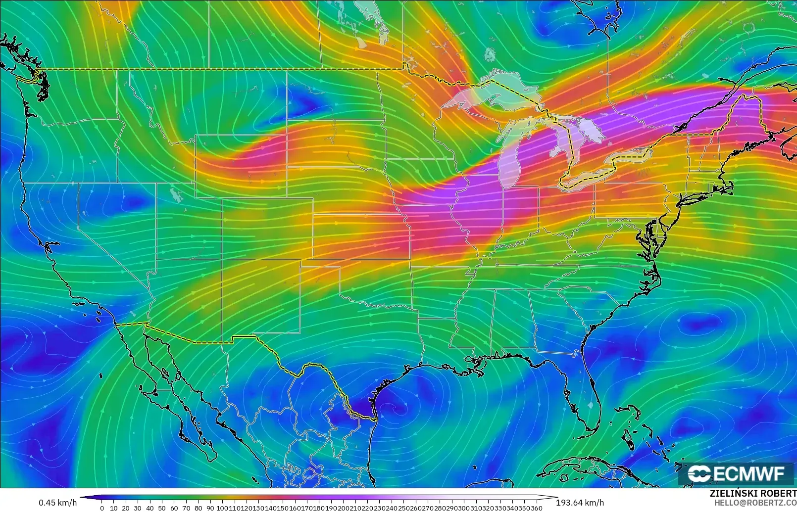 ECMWF IFS 0.25° model - Amerika Birleşik Devletleri, 300 hPa Rüzgârı (jet)