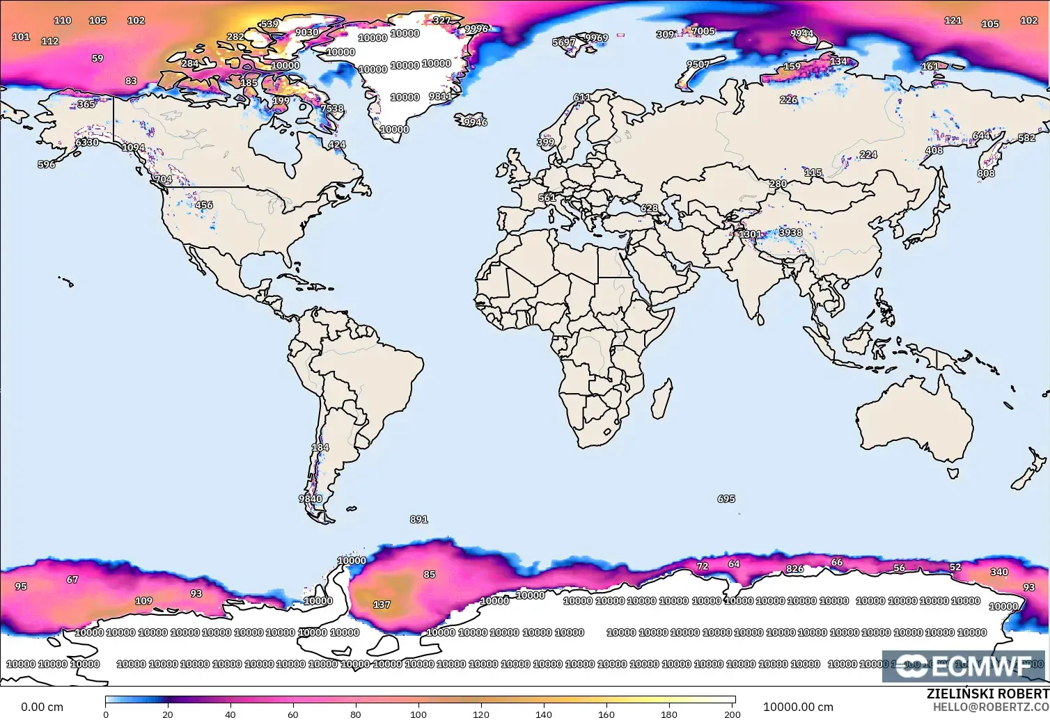 ECMWF IFS 0.25° model - Dünya, Kar Kalınlığı