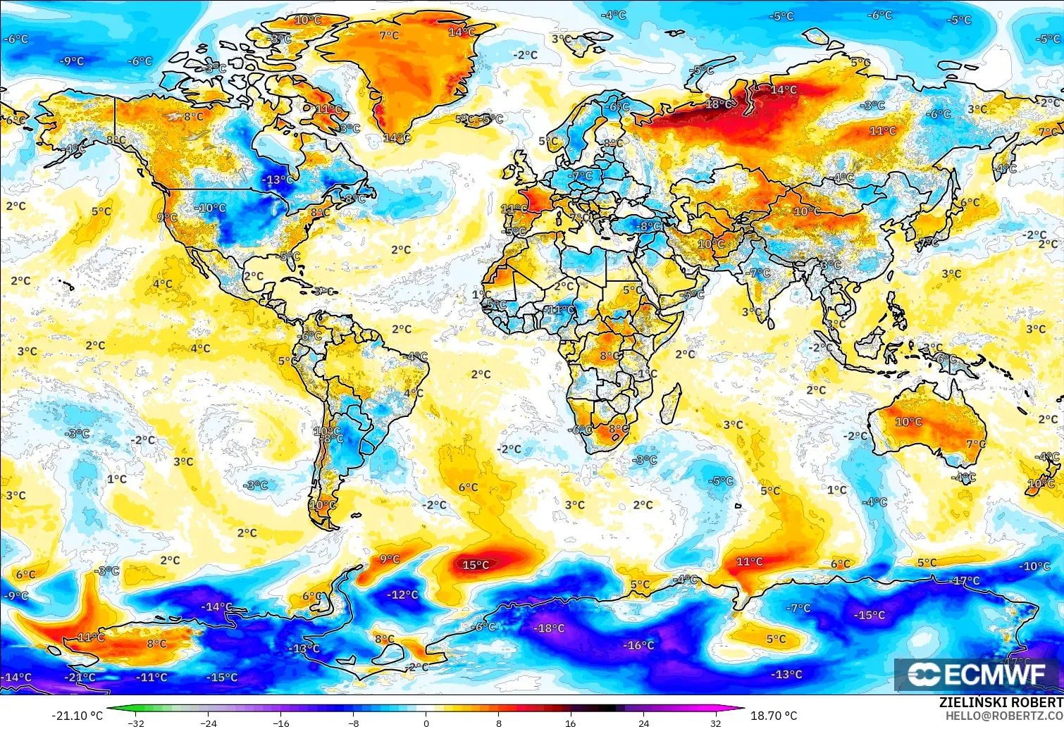 ECMWF IFS 0.25° model - Dünya, 2 m Sıcaklık Anomalisi