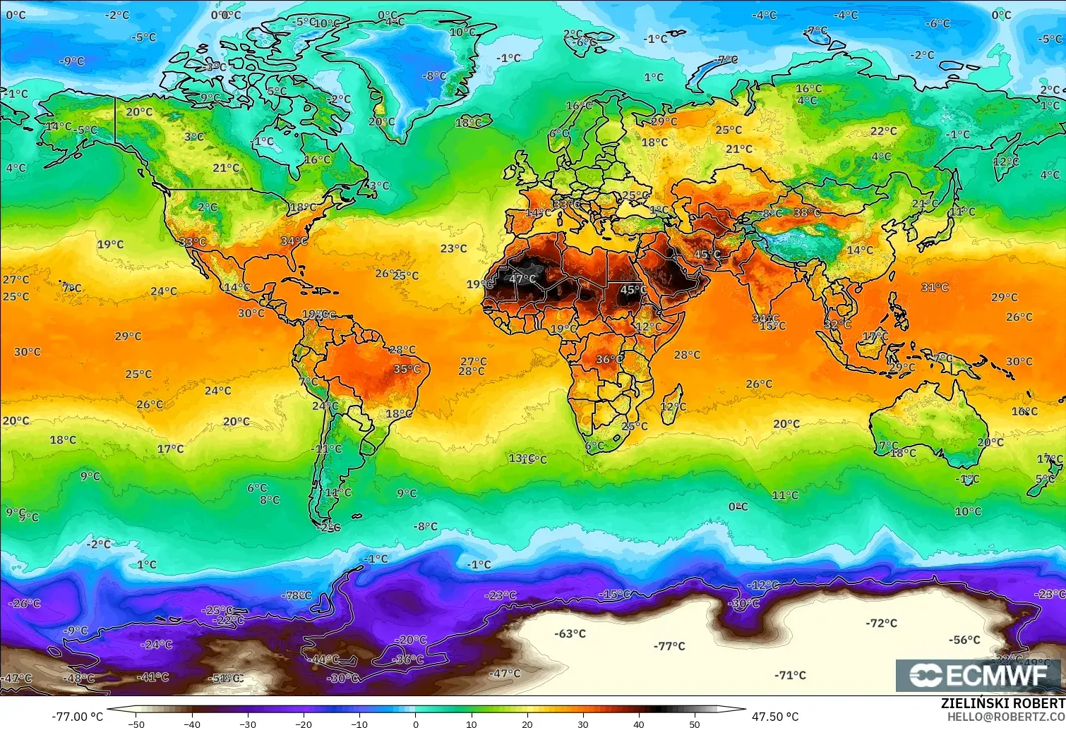 ECMWF IFS 0.25° model - Dünya, 2 m Sıcaklık