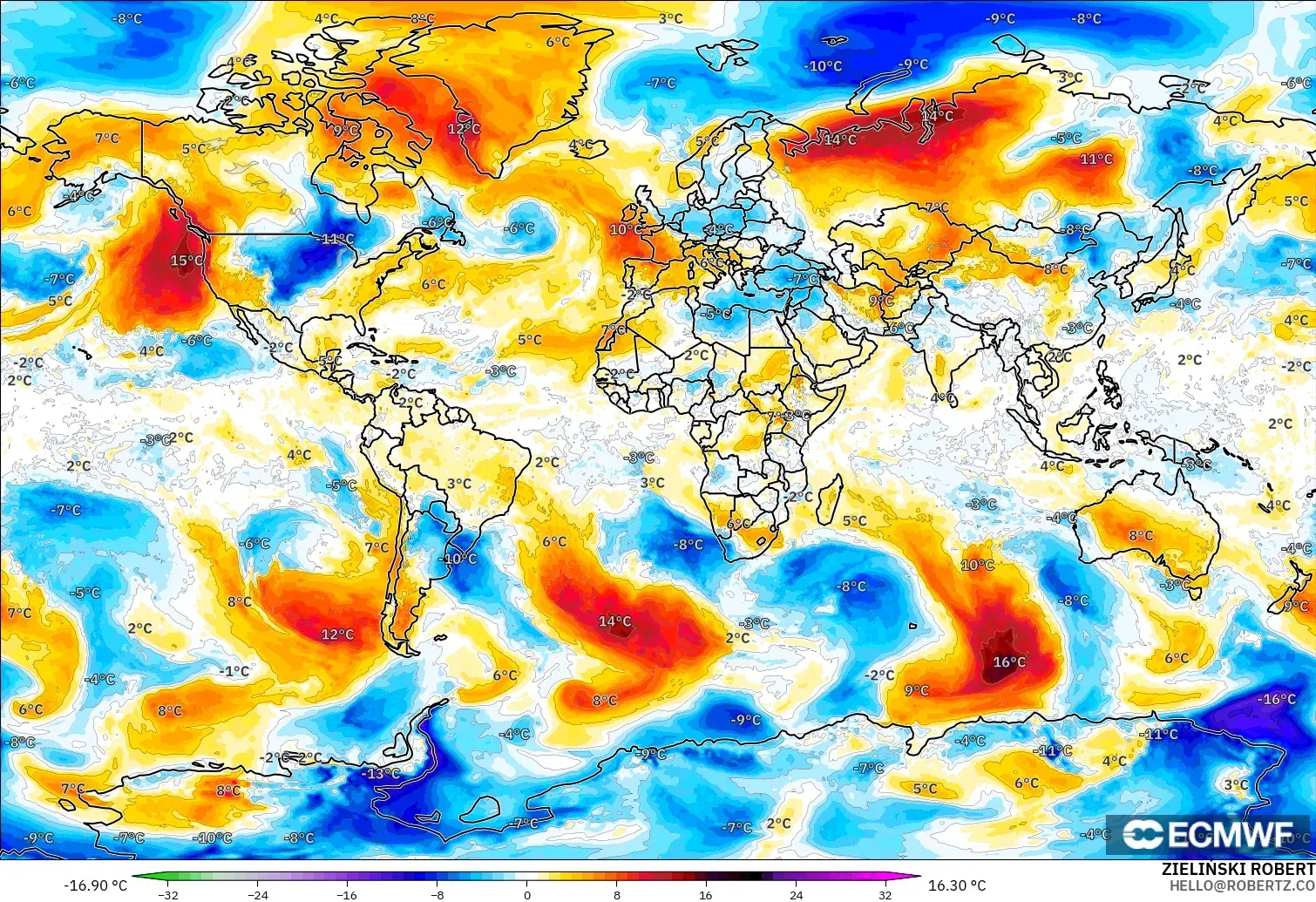 ECMWF IFS 0.25° model - Dünya, 850 hPa Sıcaklık Anomalisi