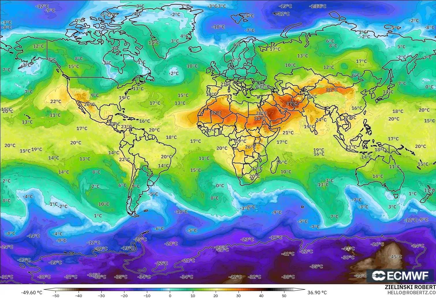 ECMWF IFS 0.25° model - Dünya, 850 hPa Sıcaklık