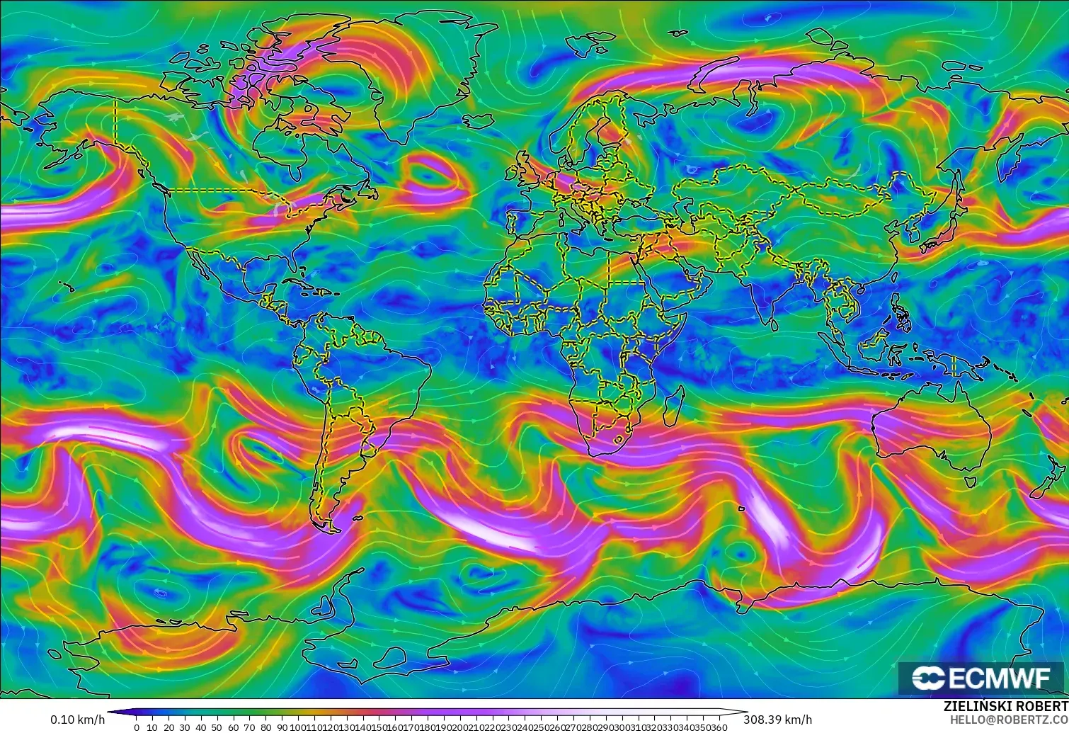 ECMWF IFS 0.25° model - Dünya, 300 hPa Rüzgârı (jet)