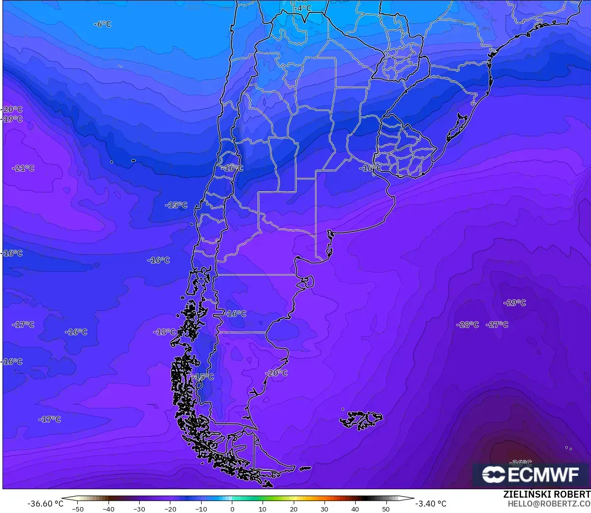 ECMWF IFS 0.25° model - Arjantin, 500 hPa Sıcaklık