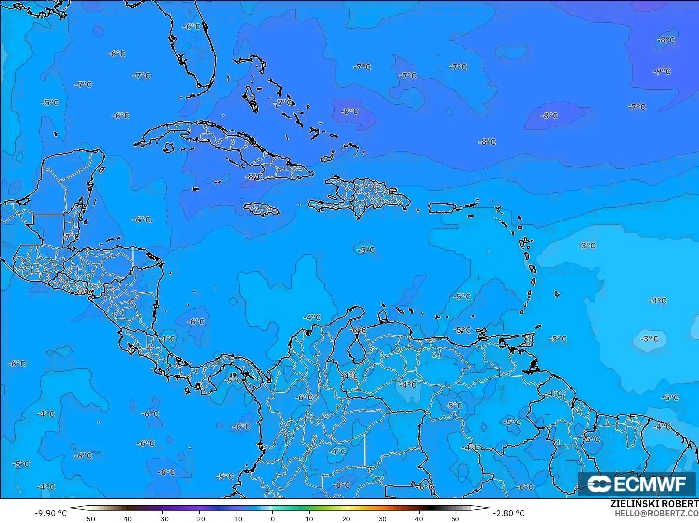 ECMWF IFS 0.25° model - Karayipler, 500 hPa Sıcaklık