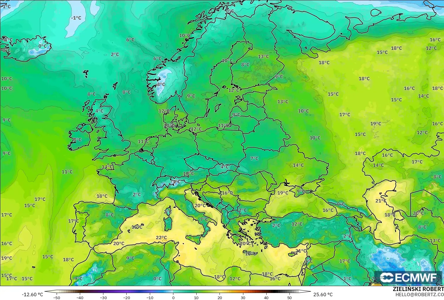 ECMWF IFS 0.25° model - Avrupa, 2 m Çiy Noktası