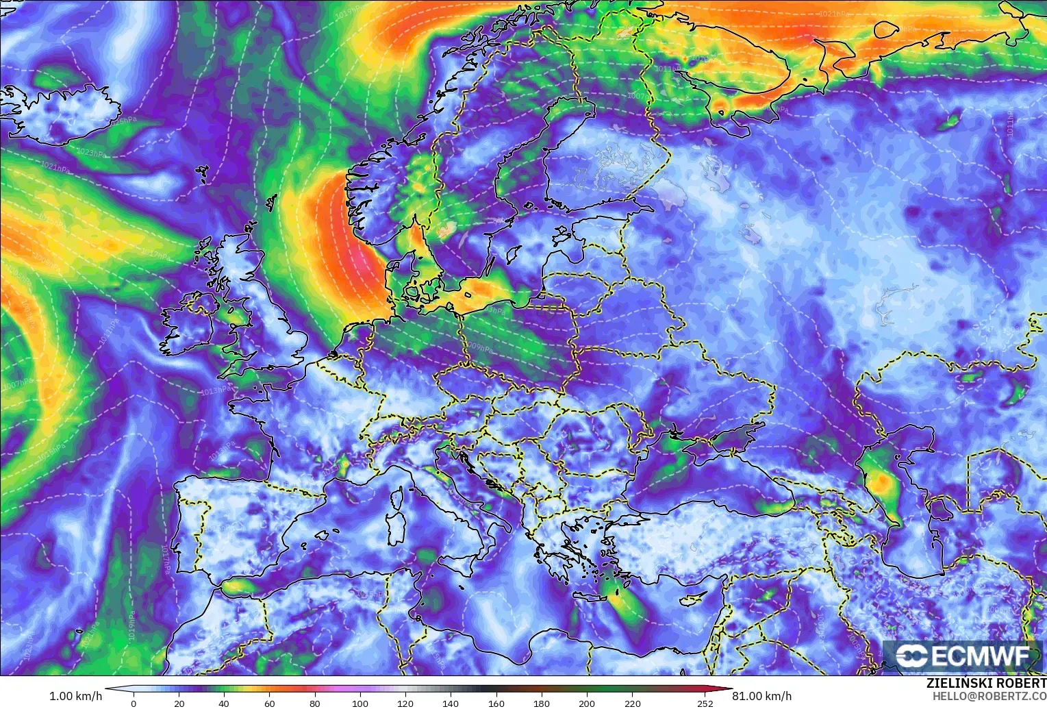 ECMWF IFS 0.25° model - Avrupa, Rüzgâr Esintileri