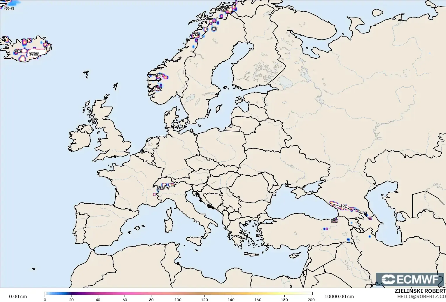 ECMWF IFS 0.25° model - Avrupa, Kar Kalınlığı