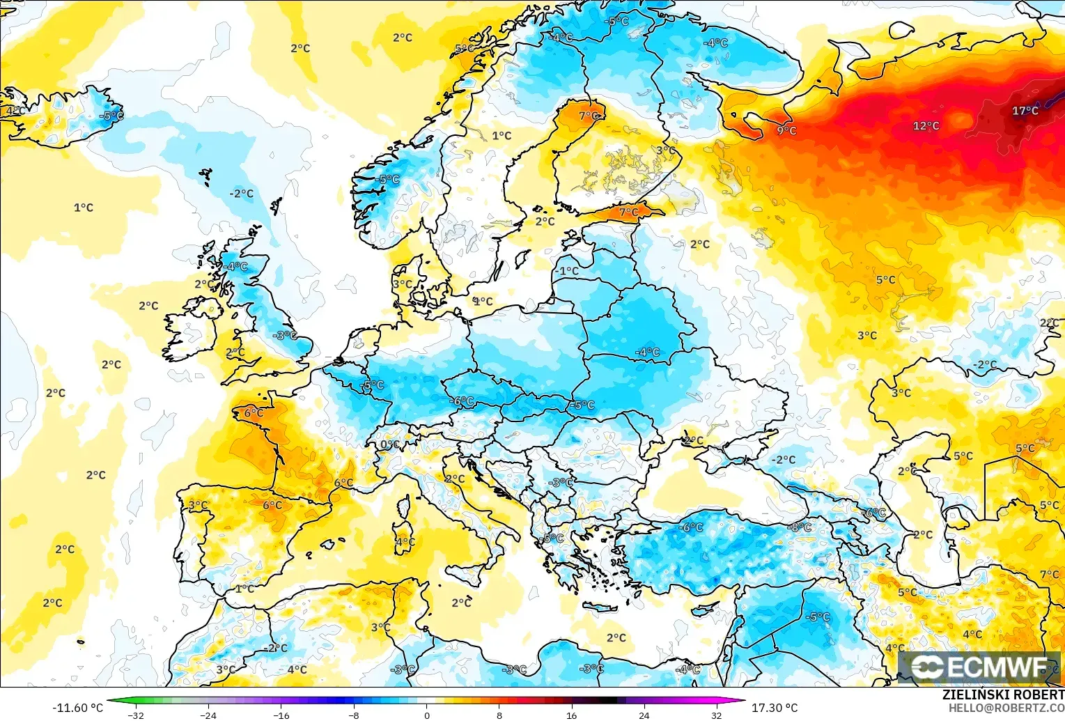 ECMWF IFS 0.25° model - Avrupa, 2 m Sıcaklık Anomalisi