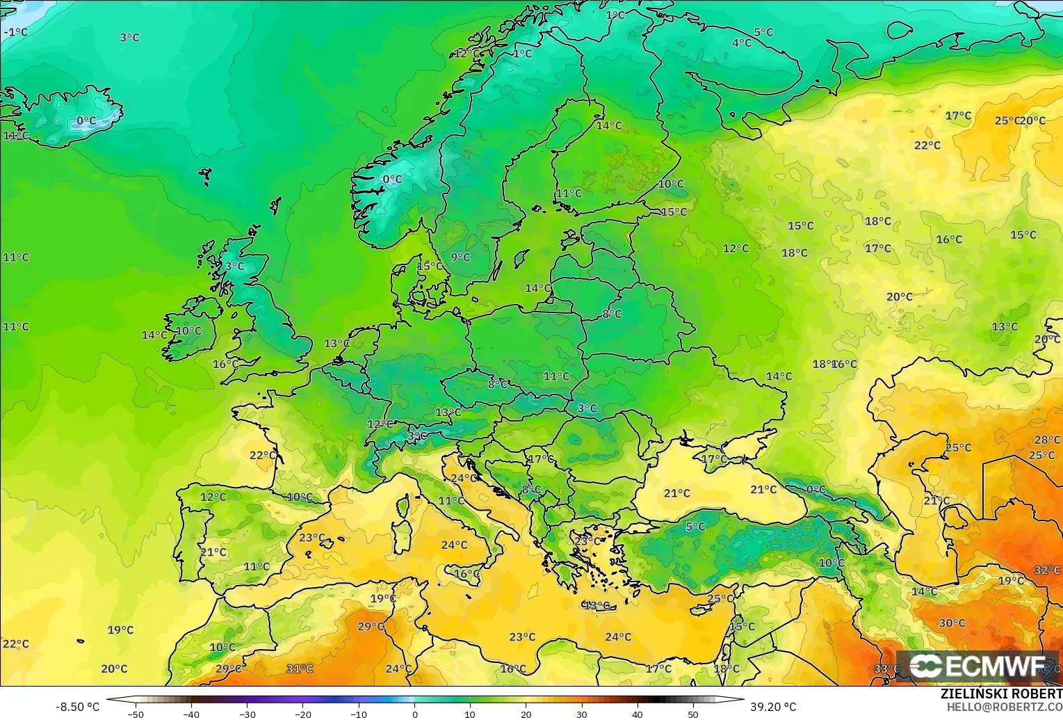 ECMWF IFS 0.25° model - Avrupa, 2 m Sıcaklık