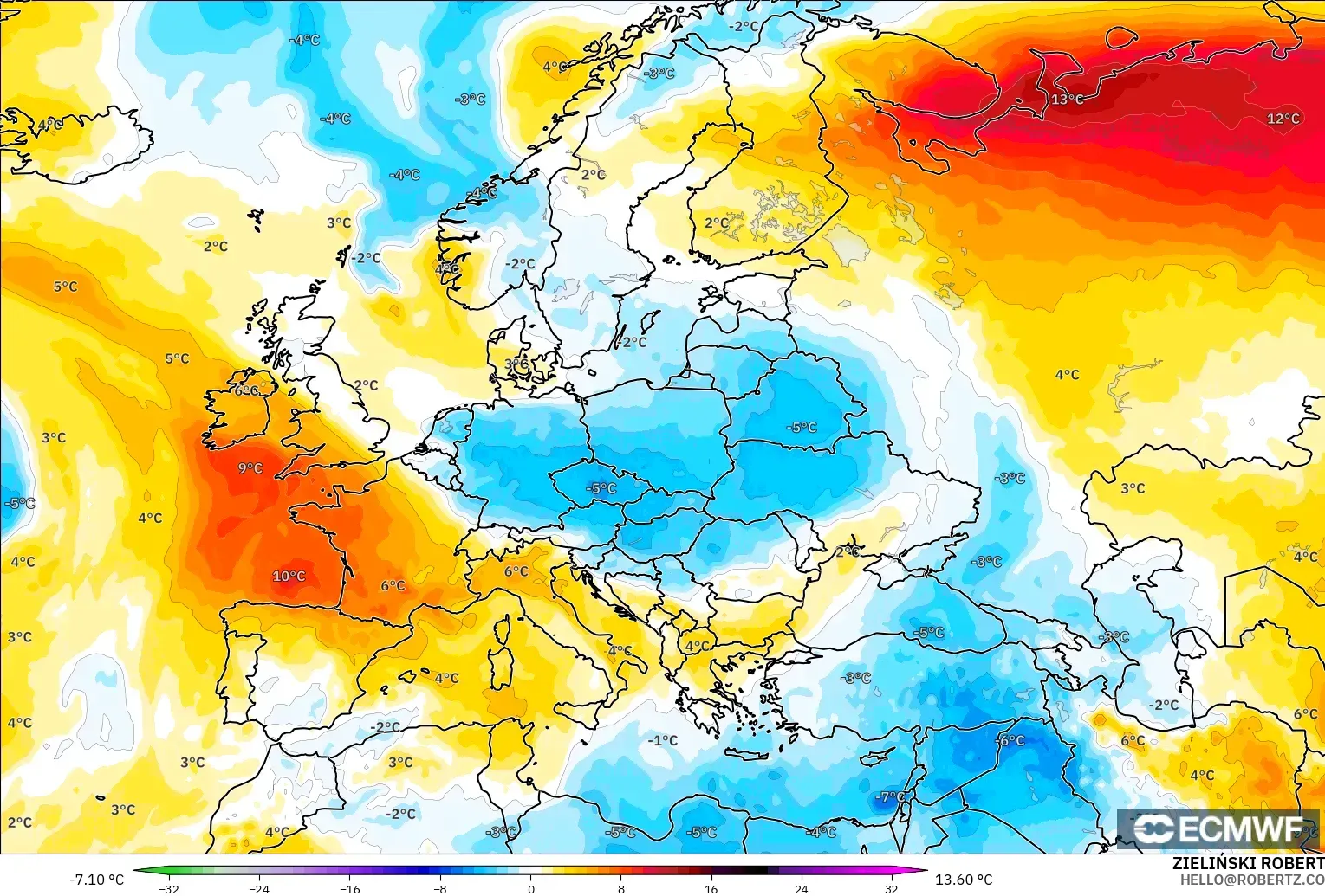 ECMWF IFS 0.25° model - Avrupa, 850 hPa Sıcaklık Anomalisi
