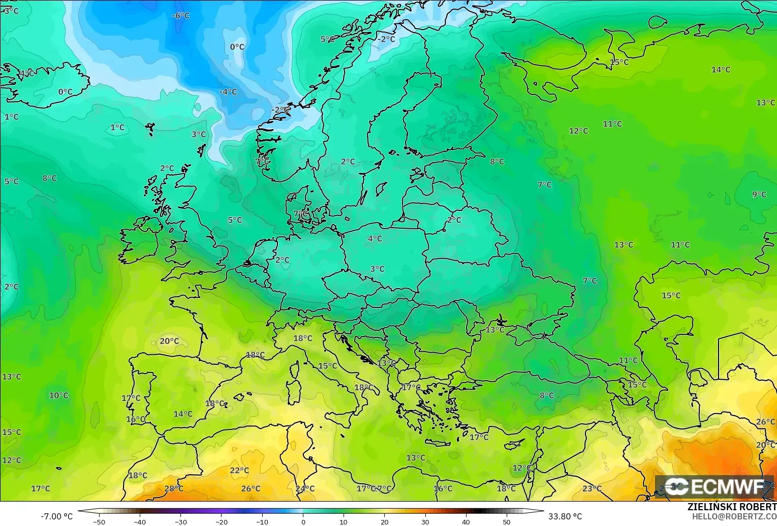 ECMWF IFS 0.25° model - Avrupa, 850 hPa Sıcaklık