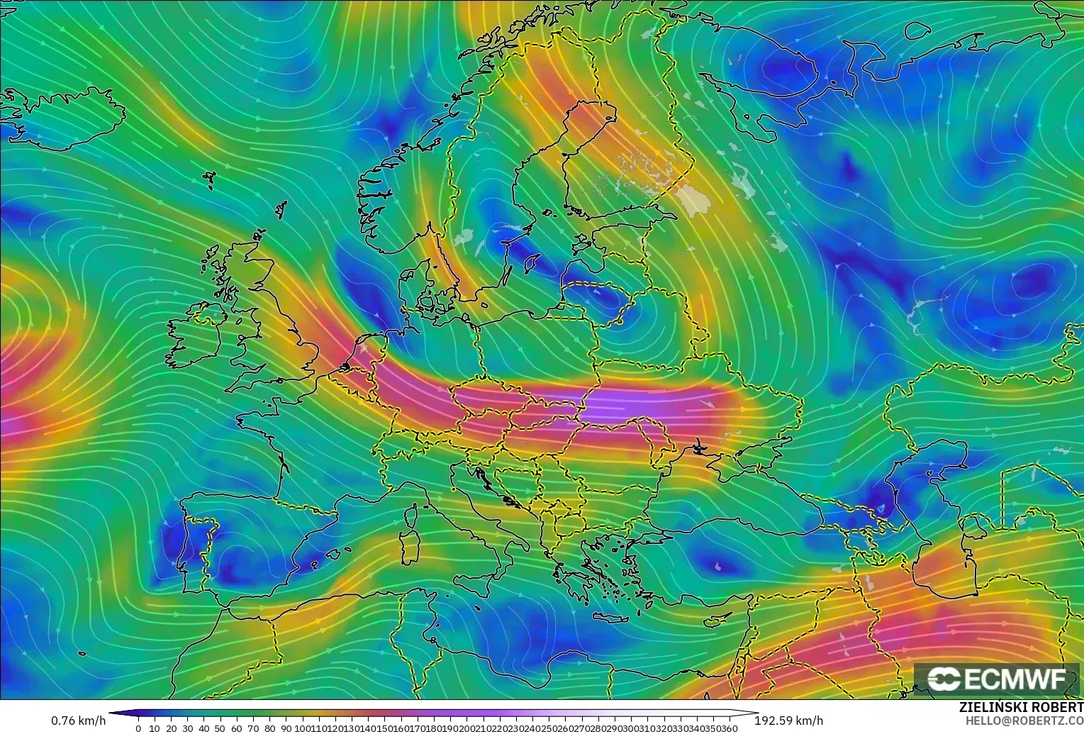 ECMWF IFS 0.25° model - Avrupa, 300 hPa Rüzgârı (jet)
