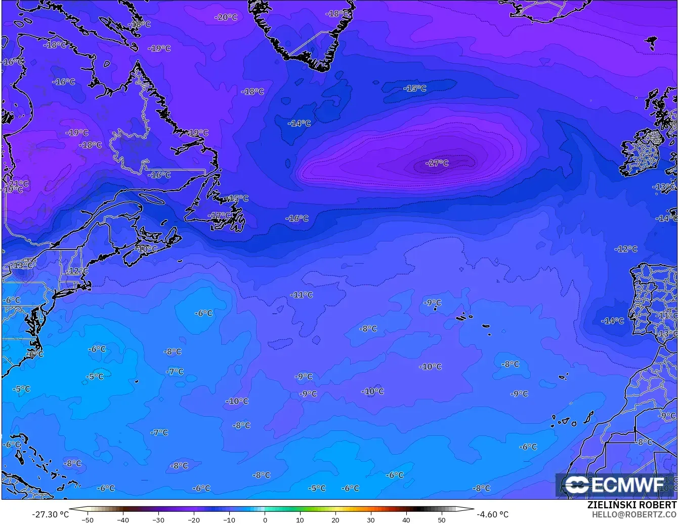 ECMWF IFS 0.25° model - Kuzey Atlantik, 500 hPa Sıcaklık