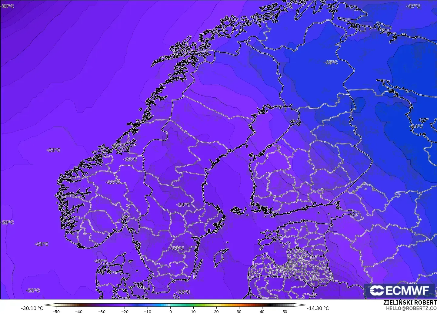 ECMWF IFS 0.25° model - İskandinavya, 500 hPa Sıcaklık