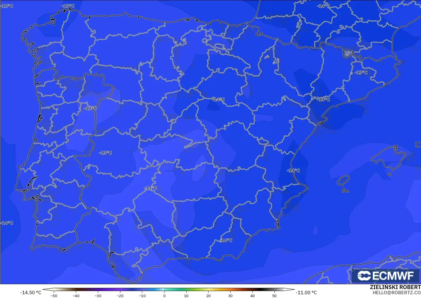 ECMWF IFS 0.25° model - İspanya, 500 hPa Sıcaklık