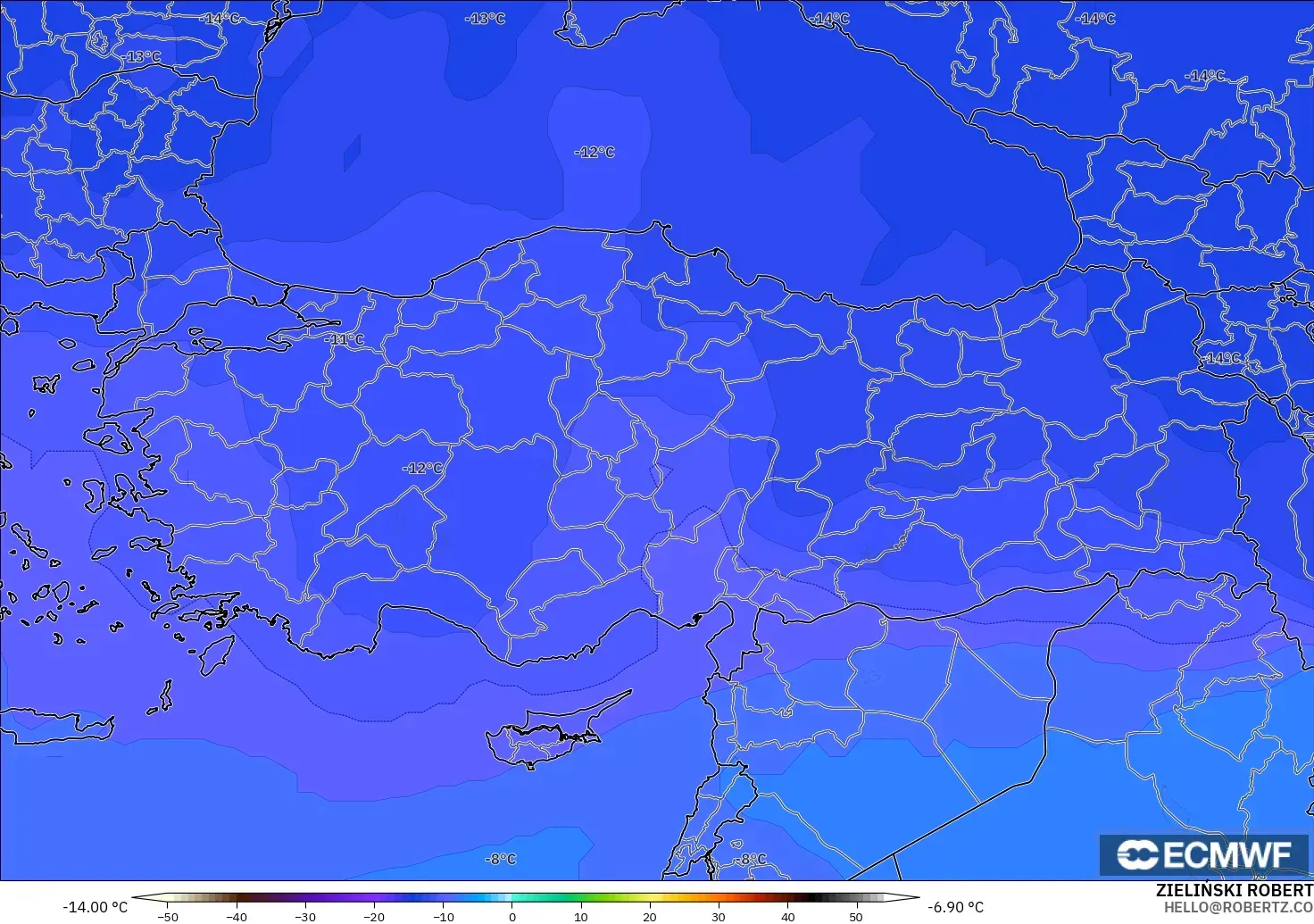 ECMWF IFS 0.25° model - Türkiye, 500 hPa Sıcaklık