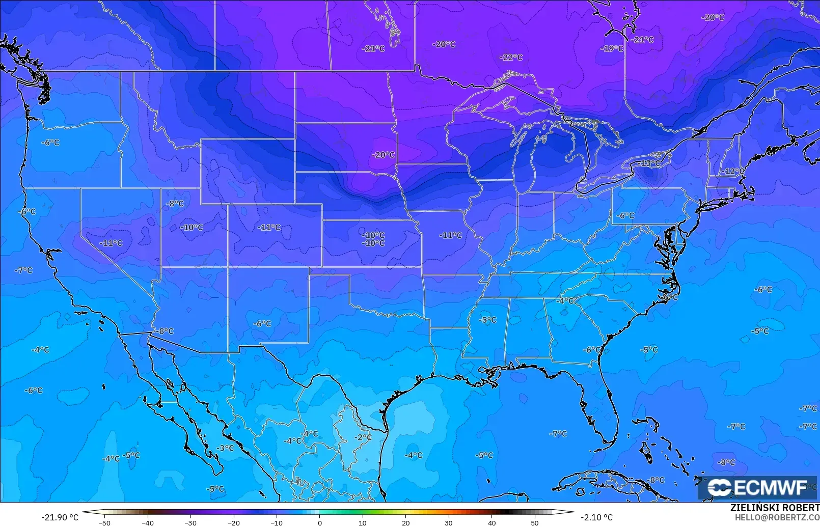 ECMWF IFS 0.25° model - Amerika Birleşik Devletleri, 500 hPa Sıcaklık