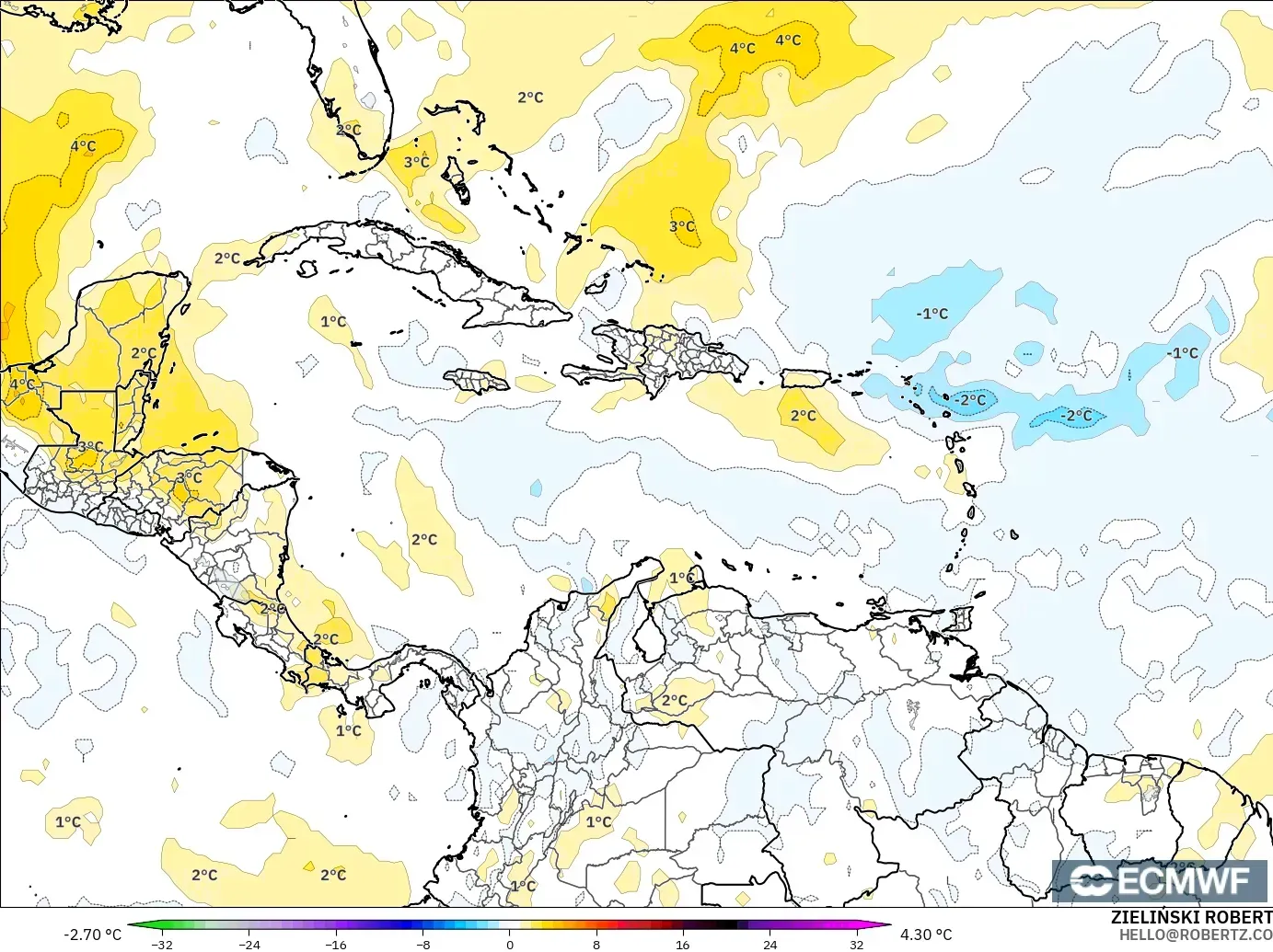 ECMWF IFS 0.25° model - Karayipler, 850 hPa Sıcaklık Anomalisi