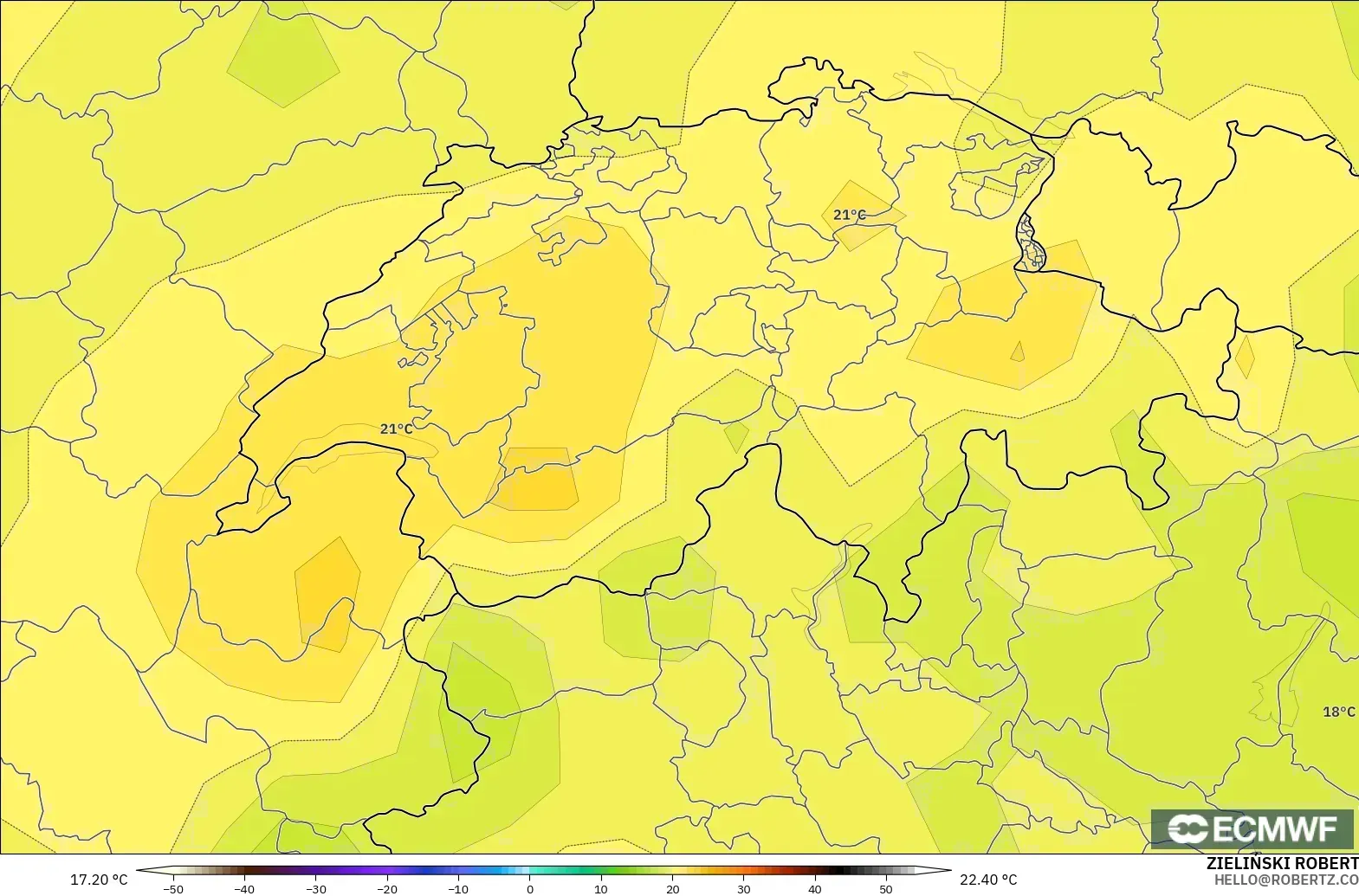ECMWF IFS 0.25° model - İsviçre, 850 hPa Sıcaklık