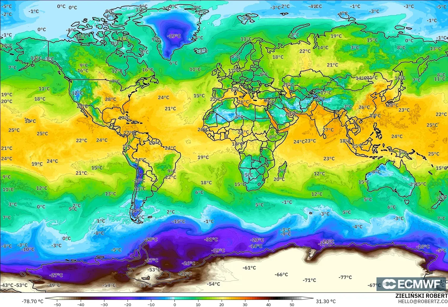 ECMWF IFS 0.25° model - Dünya, 2 m Çiy Noktası