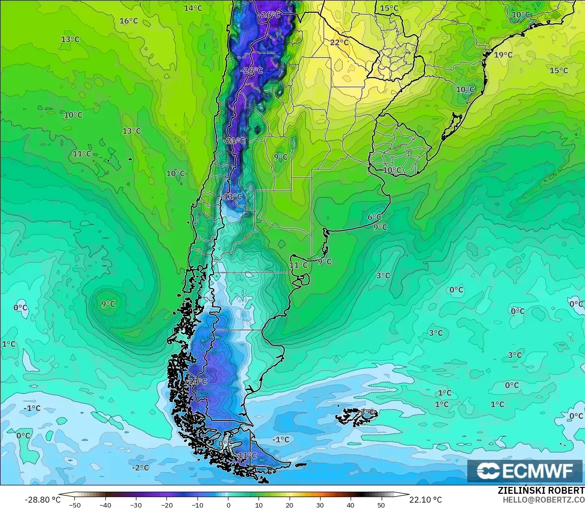 ECMWF IFS 0.25° model - Arjantin, 2 m Çiy Noktası
