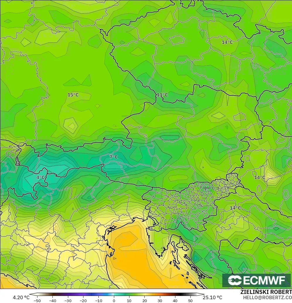 ECMWF IFS 0.25° model - Avusturya, 2 m Çiy Noktası