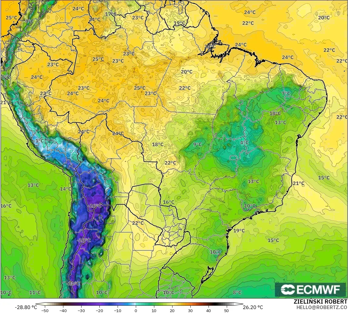 ECMWF IFS 0.25° model - Brezilya, 2 m Çiy Noktası
