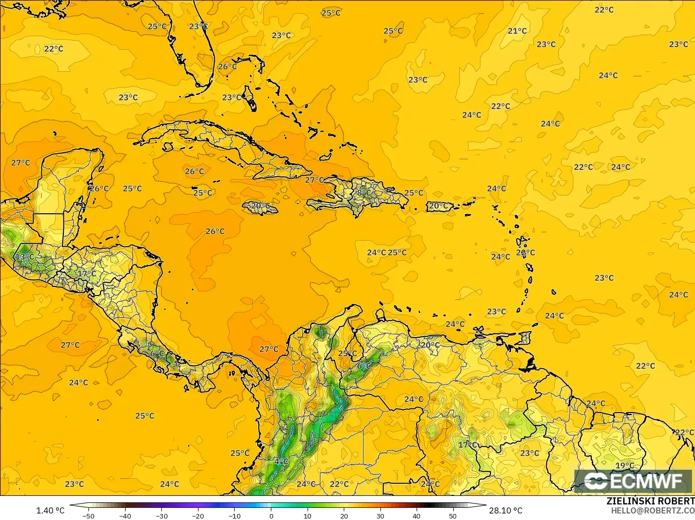 ECMWF IFS 0.25° model - Karayipler, 2 m Çiy Noktası