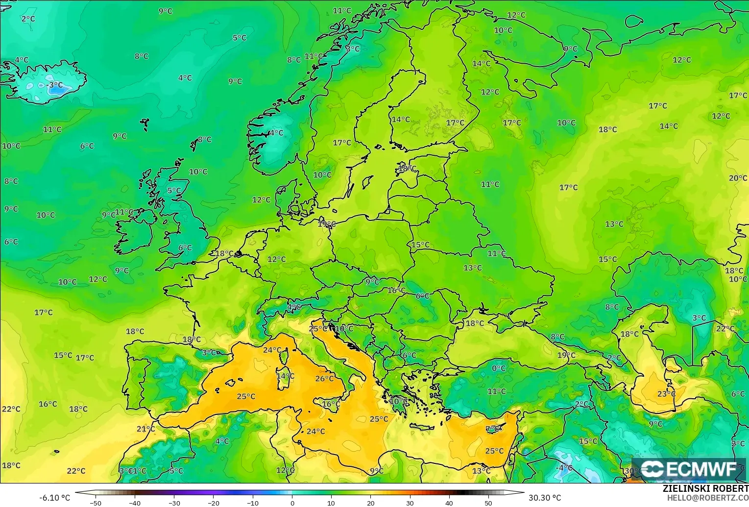 ECMWF IFS 0.25° model - Avrupa, 2 m Çiy Noktası