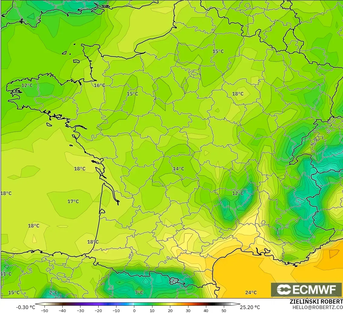 ECMWF IFS 0.25° model - Fransa, 2 m Çiy Noktası
